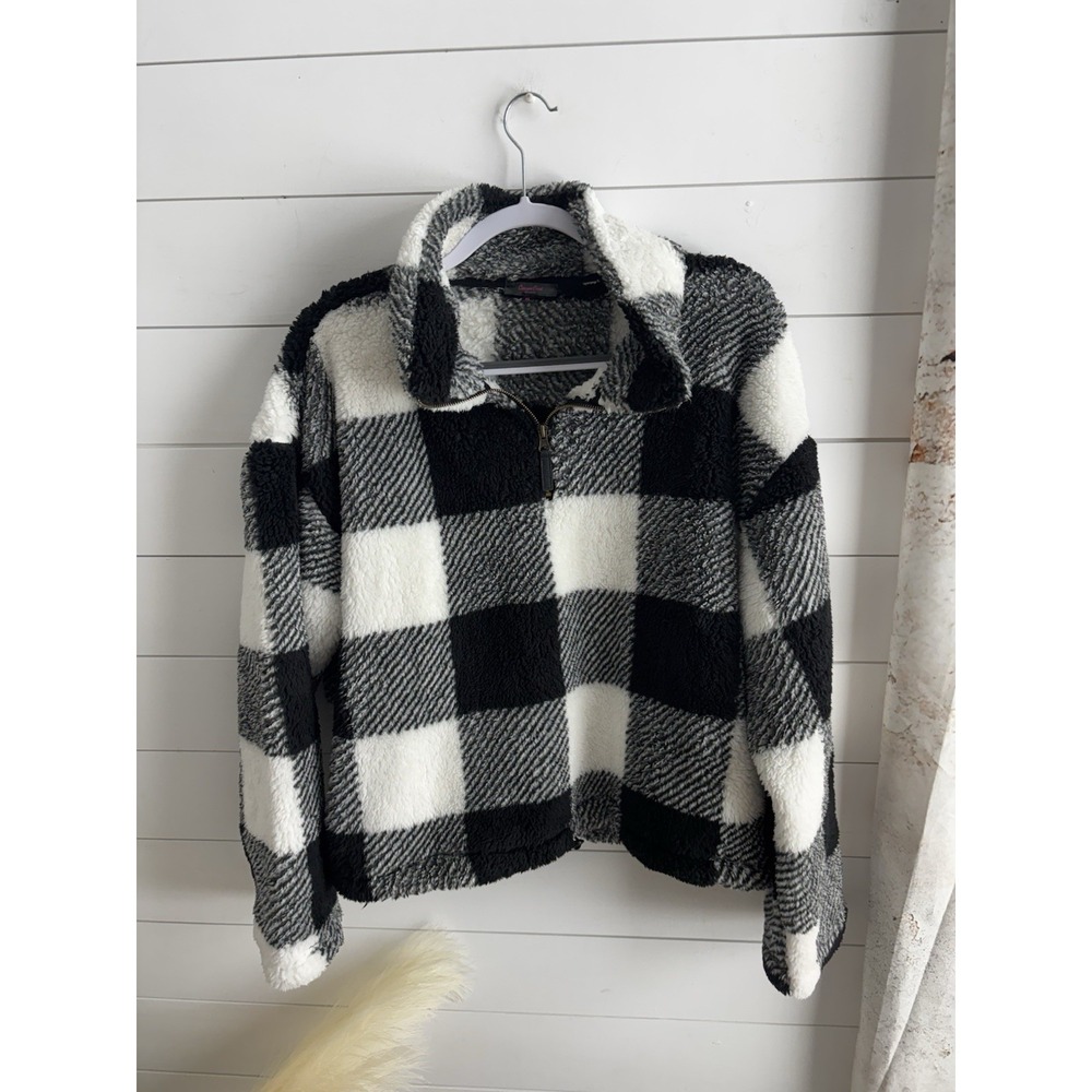 Women's Sweater Canyon Creek‎ Black And White Plaid Size XL Zip